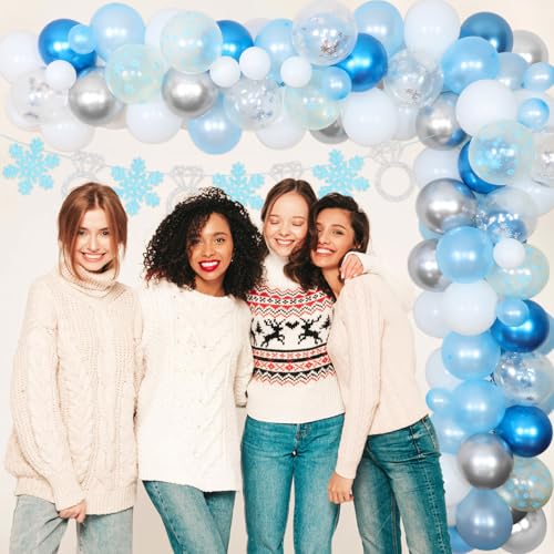 Winter Bridal Shower Decorations - Snow In Love Bridal Shower Decor Blue and Silver Balloon Garland Arch Kit, Snow in Love Foil Balloon, Snow and Ring Banner for Winter Wedding Engagement Party