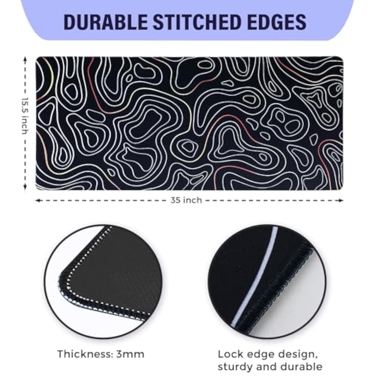 Large Gaming Mouse Pad With Stitched Edges, Minimalist Topographic Map Desk Mat, Extended Xl Mousepad With Anti-Slip Base, Cool Desk Pad For Keyboard And Mouse, 35 X 15.5 In