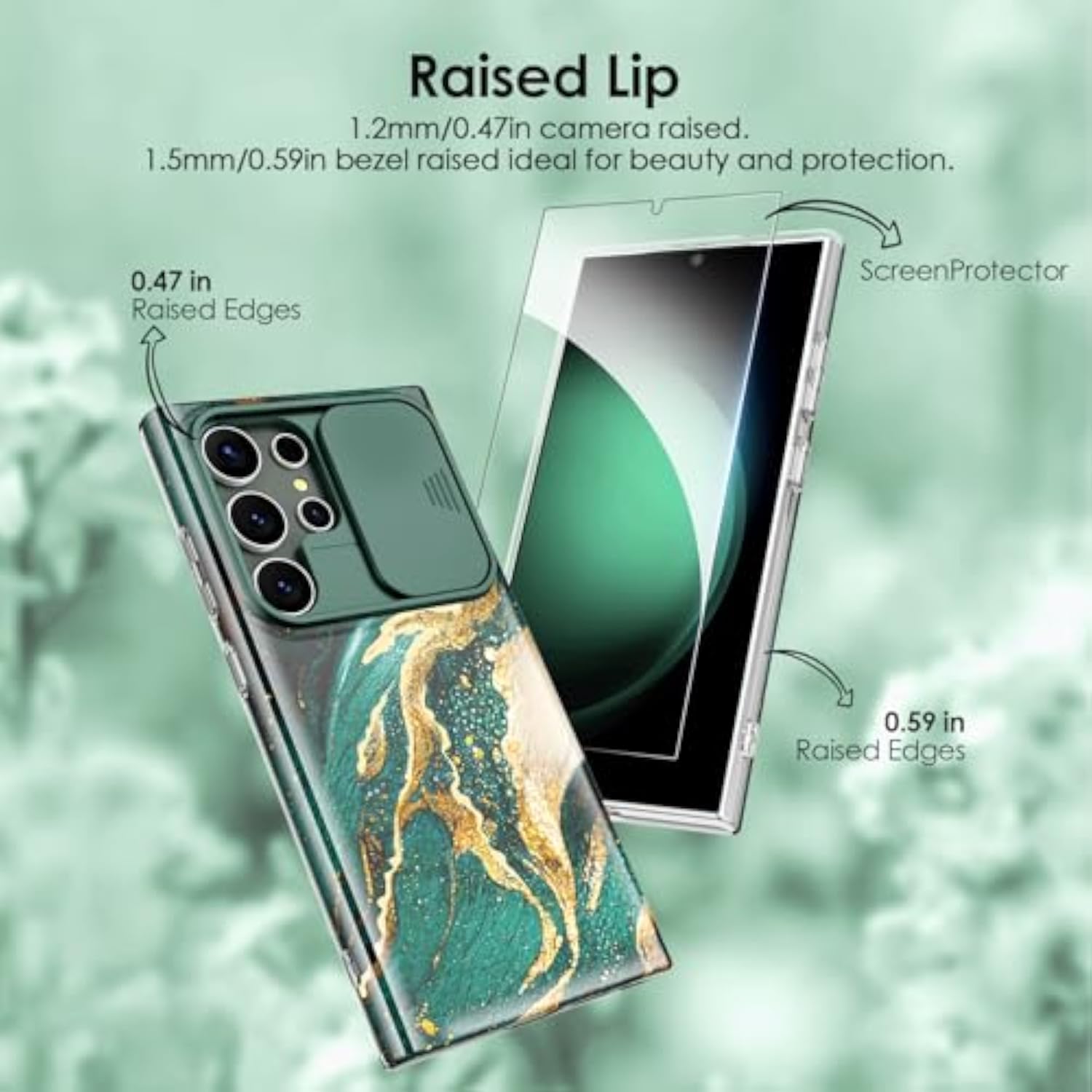Samsung Galaxy S24 Ultra Case with Slide Camera Cover & Screen Protector, Anti-Yellowing Chic Pattern Design, Shockproof Anti-Scratch Slim Thin Phone Cover S24 Ultra 6.8'' Dream Green