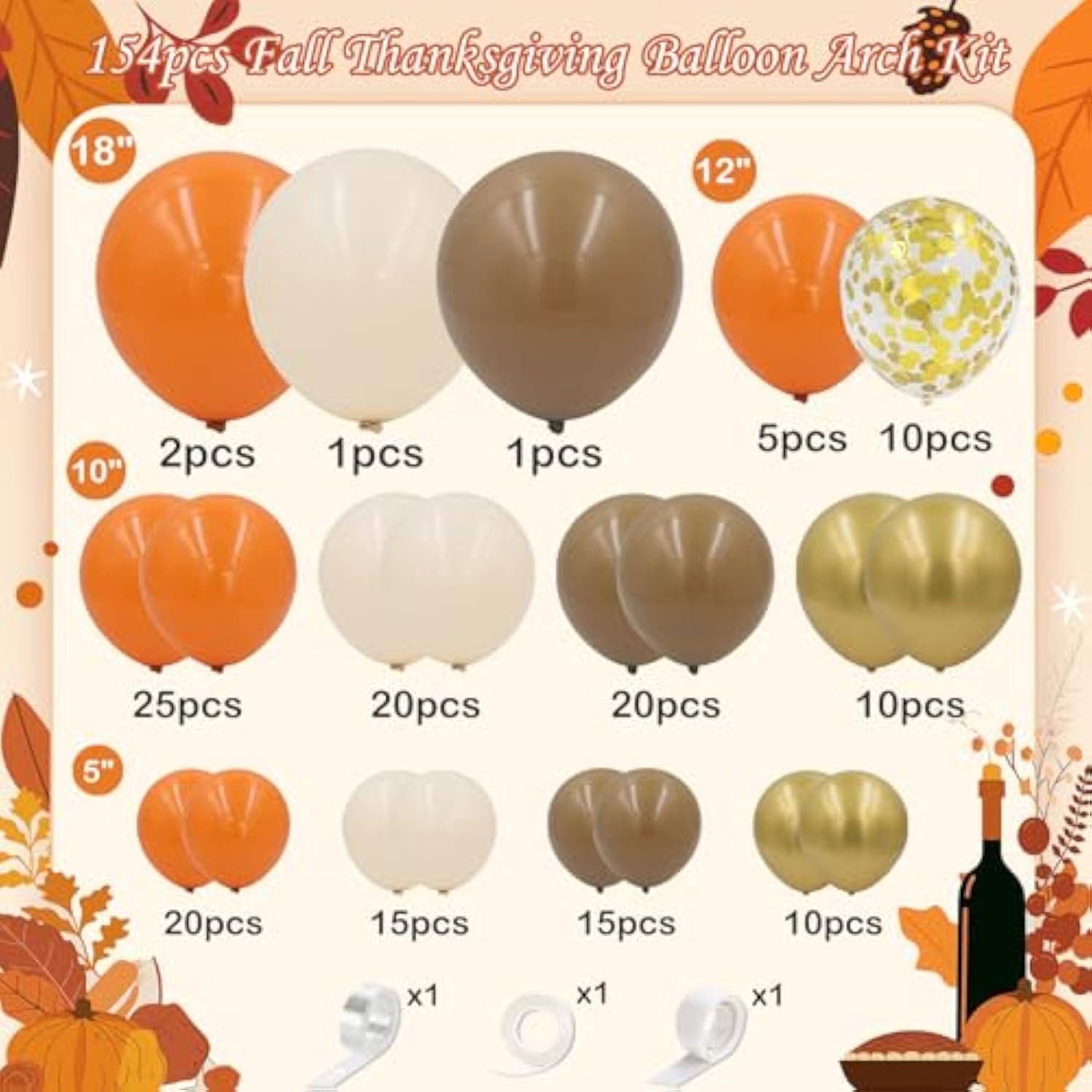 154pcs Fall Balloon Arch Kit Orange Brown White Gold Confetti Balloons for Thanksgiving Party