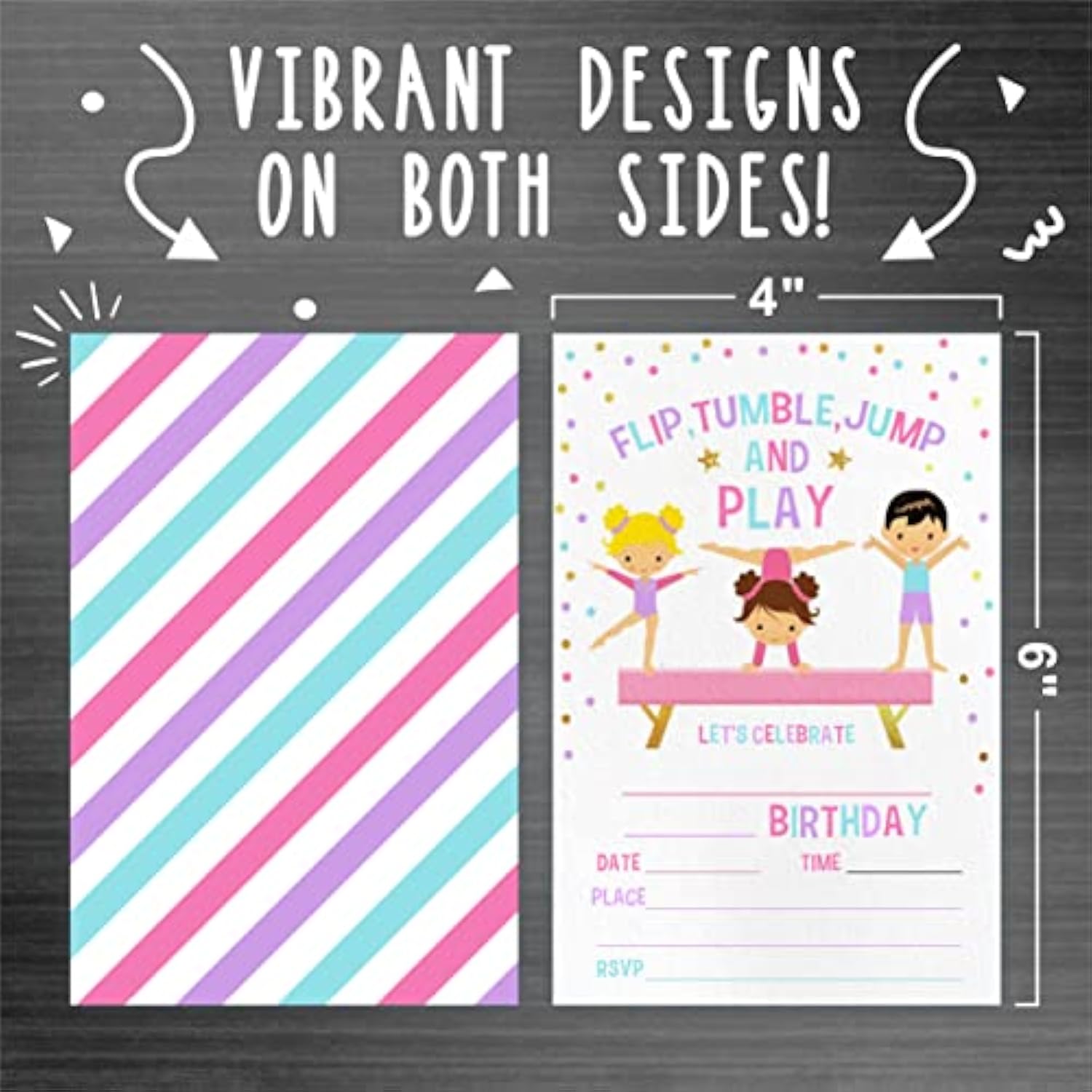 Gymnastics Birthday Party Invitation?Flip, Tumble, Jump Party Invitations For Kids, Teen, Boys & Girls?20 Double-Sided Fill In Style Invites With Envelopes-Party Favors Decoration And Supplies-Yqk-C02
