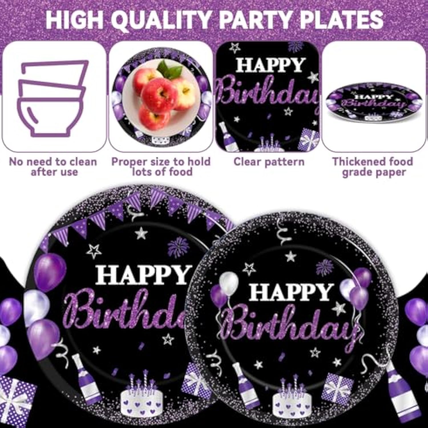 96Pcs Purple & Black Party Supplies - Paper Plates, Napkins, Dinnerware Set For Women, Men, Baby Showers & Birthdays - Serves 24