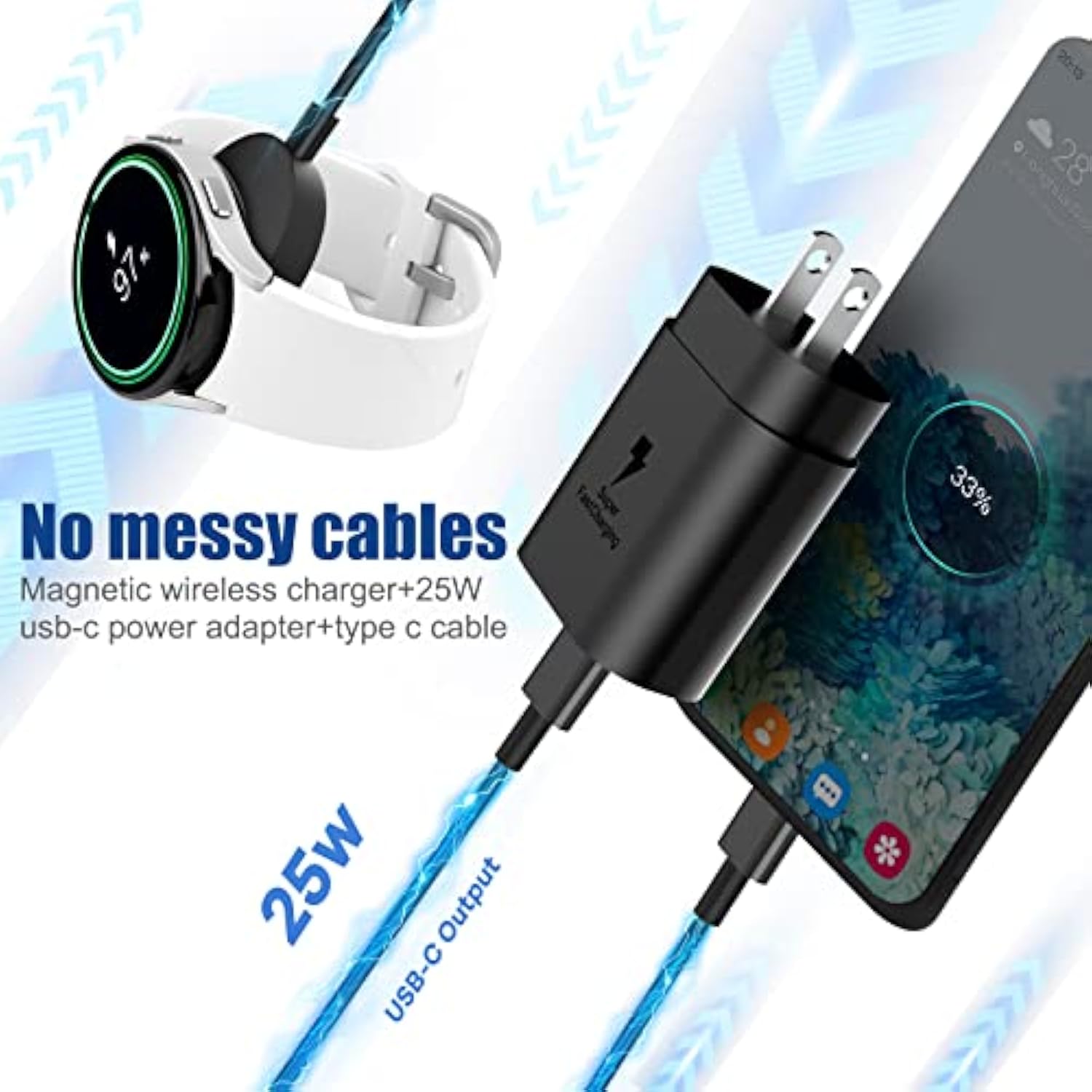 2 In1 Samsung Watch Charger,25W Usb C Fast Charger Compatible With Galaxy Watch 7/6/6 Classic/5 Pro/5/4 /4 Classic/3/Active2/1 And Galaxys24/S23 /S22/21/20 Note/Z Fold 6(5Ft)