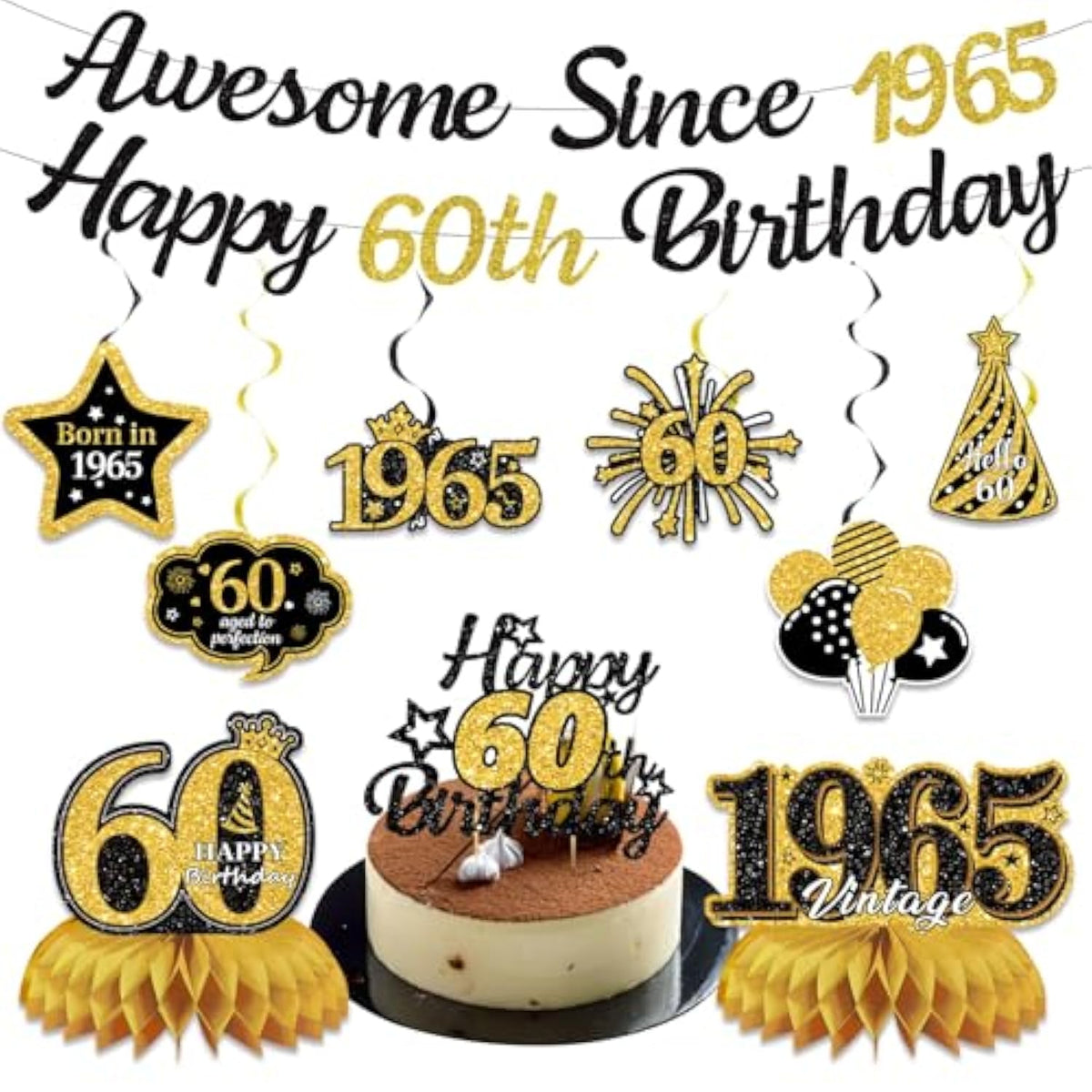 60Th Birthday Decorations For Men Women, Black Gold Awesome Since 1965 Happy 60Th Birthday Banner Swirls Cake Topper Party Supplies, Sixty Years Bday Honeycomb Centerpiece Sign Decor