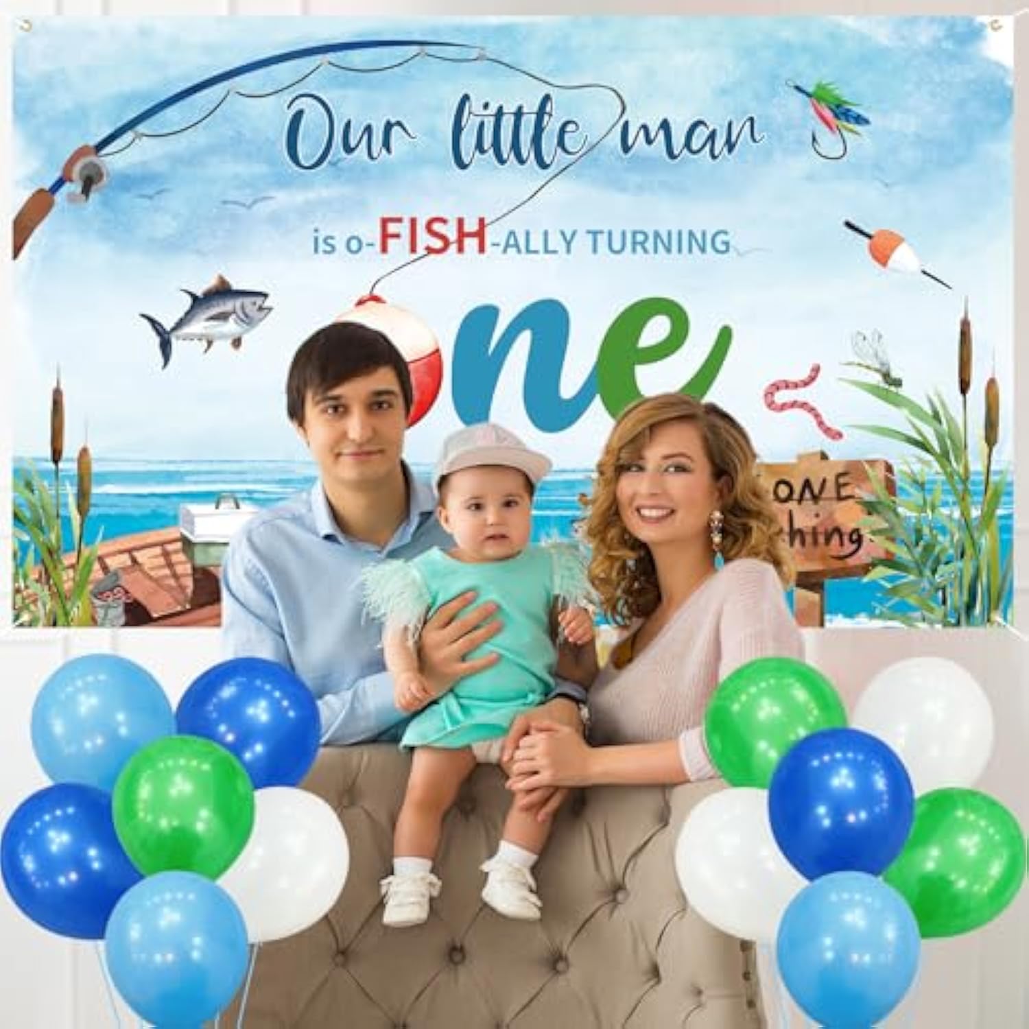Ofishally One Birthday Decorations - Our Little Man Is Ofishally Turning One Backdrop, Banner, Hanging Swirls, Paper Pom Poms, Honeycomb And Balloons For Boy 1St Birthday Party Supplies