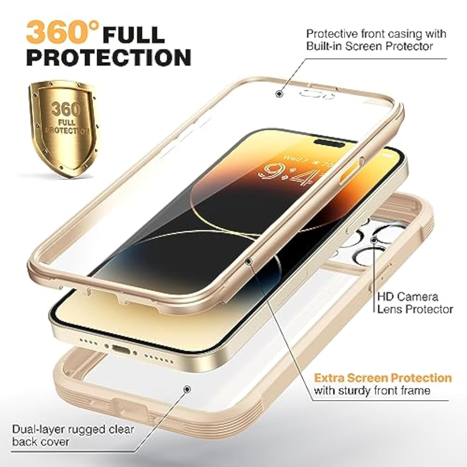 Designed For 14 Pro Max Case 6.7’’, Full Body Rugged Case [2023 Upgraded] W/Built-In Touch Sensitive Anti-Scratch Screen Protector+Tempered Glass Camera Lens Protector(Bean Yellow)
