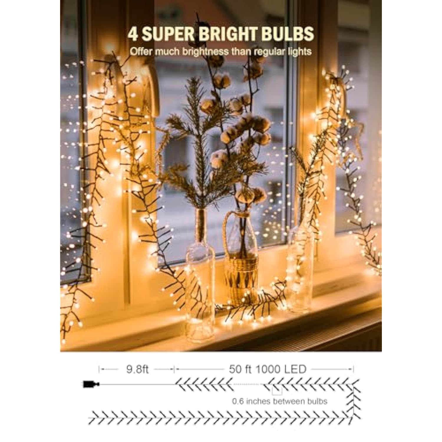 Cluster-Lights-Christmas-Tree-Lights-Outdoor, 1000 Led 50 Ft Christmas Firecrackers String Lights, 12 Modes Timer Remote Waterproof Plug In Twinkle Fairy Lights For Xmas Tree Garland Window Party