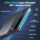 8 Port 10G L3 Managed Switch, 8X10G Sfp+ Interface, Link Aggregation/Qos/Vlan/Igmp, Wall Mounted Fanless 10Gb Sfp Network Switchsfpports Only,Transceiver Is Not Included