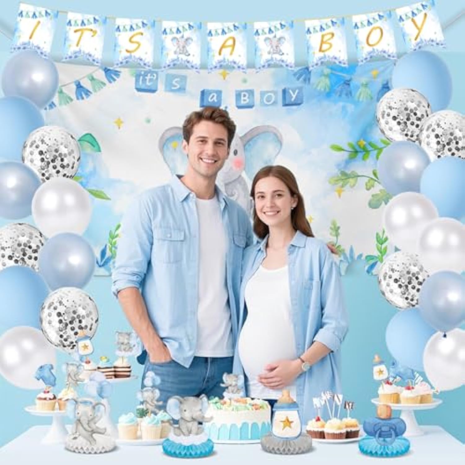 Elephant Baby Shower Decorations For Boy, Blue Baby Boy Shower Decorations Kits With It'S A Boy Backdrop, Mommy To Be Sash, Banner, Cake Toppers, Centerpieces, Hanging Swirls, Balloons And Pompoms