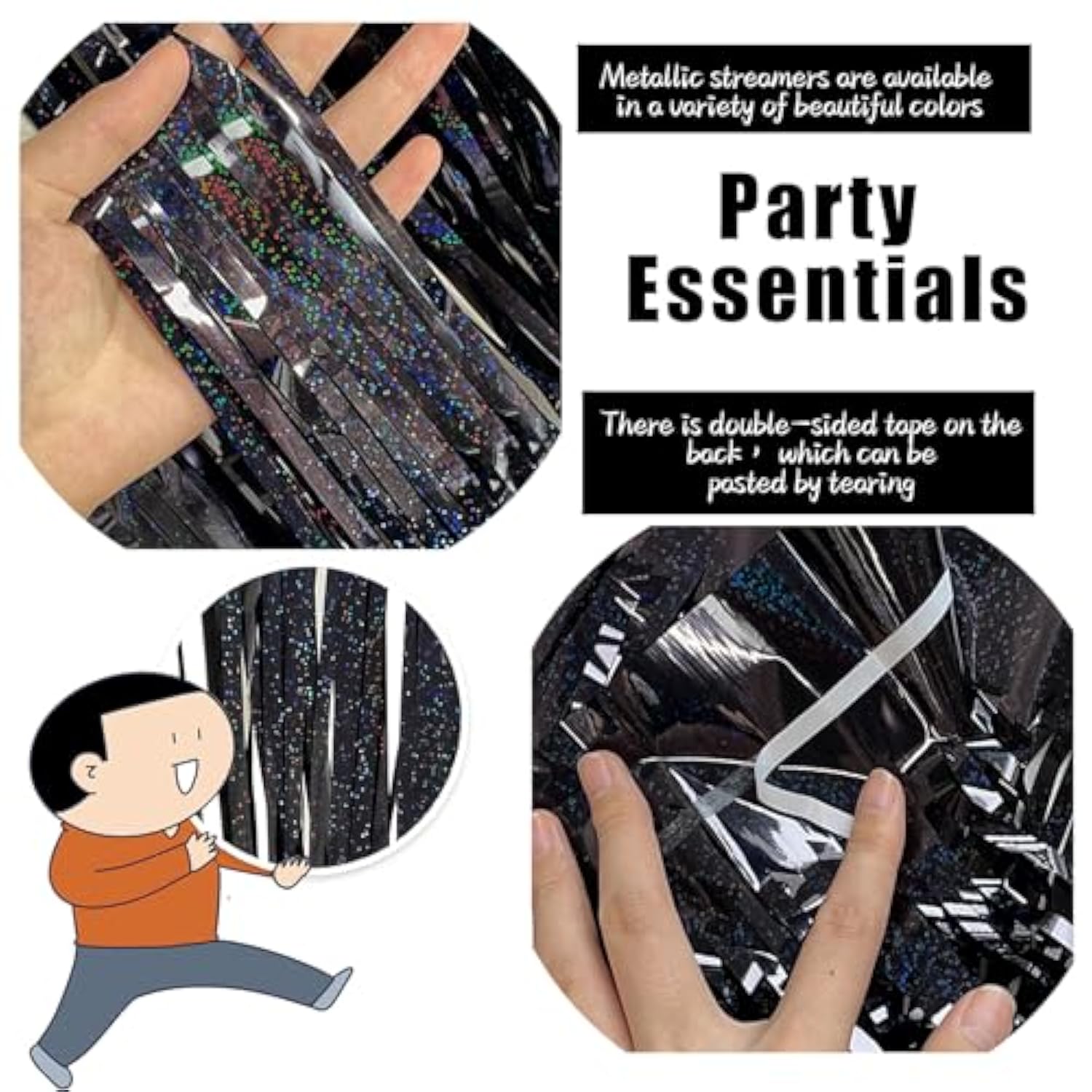3Pack Black Tinsel Streamer Backdrops, Foil Fringe Curtains for Halloween & Party Decor