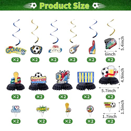 Soccer Party Decorations Set, Soccer Supplies Kit with Plates, Cups, Napkins, Tablecloth, Banner, Swirls, Honeycomb Centerpieces and Cake Toppers for Watch Parties, Game Day, Soccer Fans