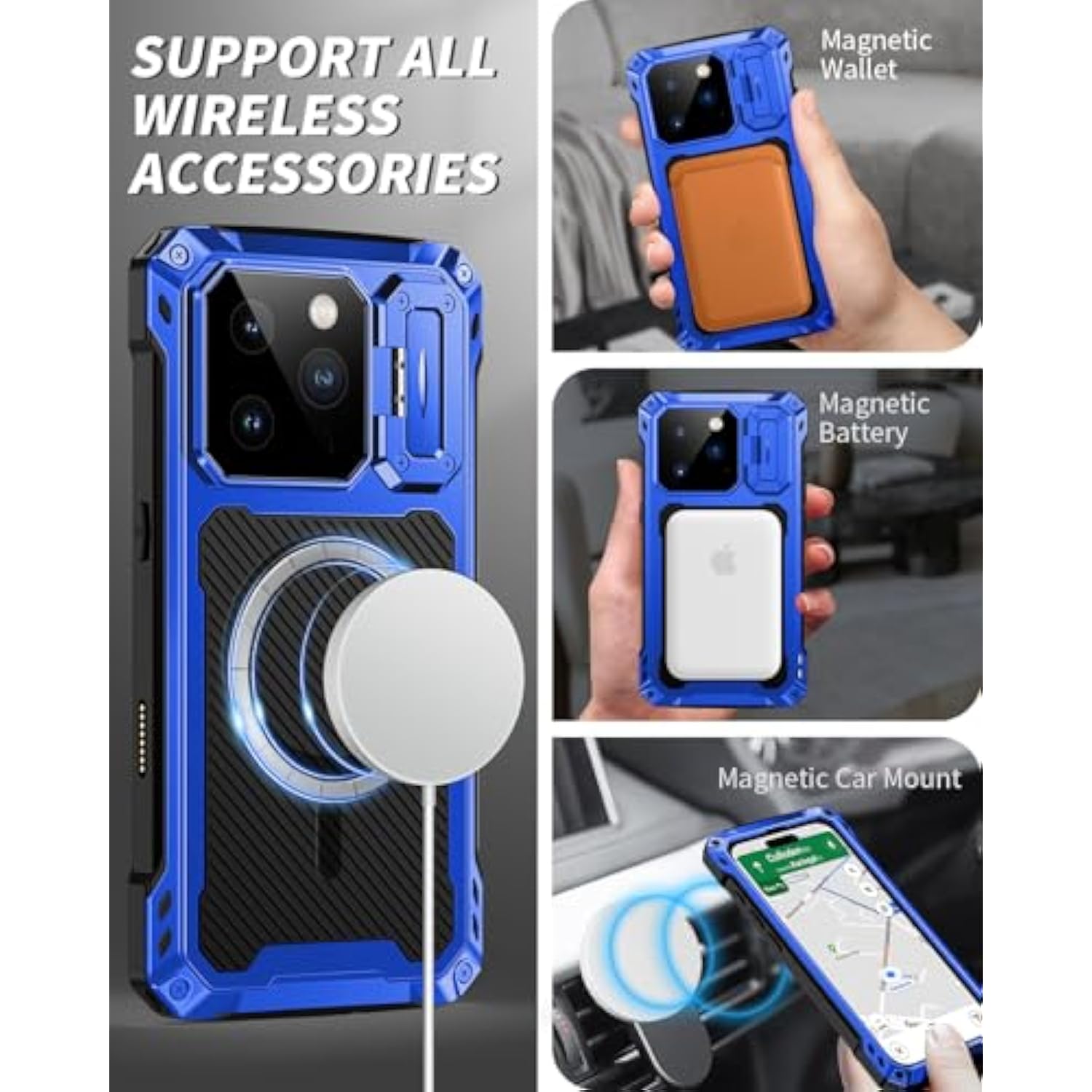 For Iphone 16 Pro Max Metal Case With Camera Cover & Stand [Compatible With Magsafe] [Built-In Kickstand] [Military-Grade Protection] Heavy Duty Rugged Magnetic Phone Case, (Blue)