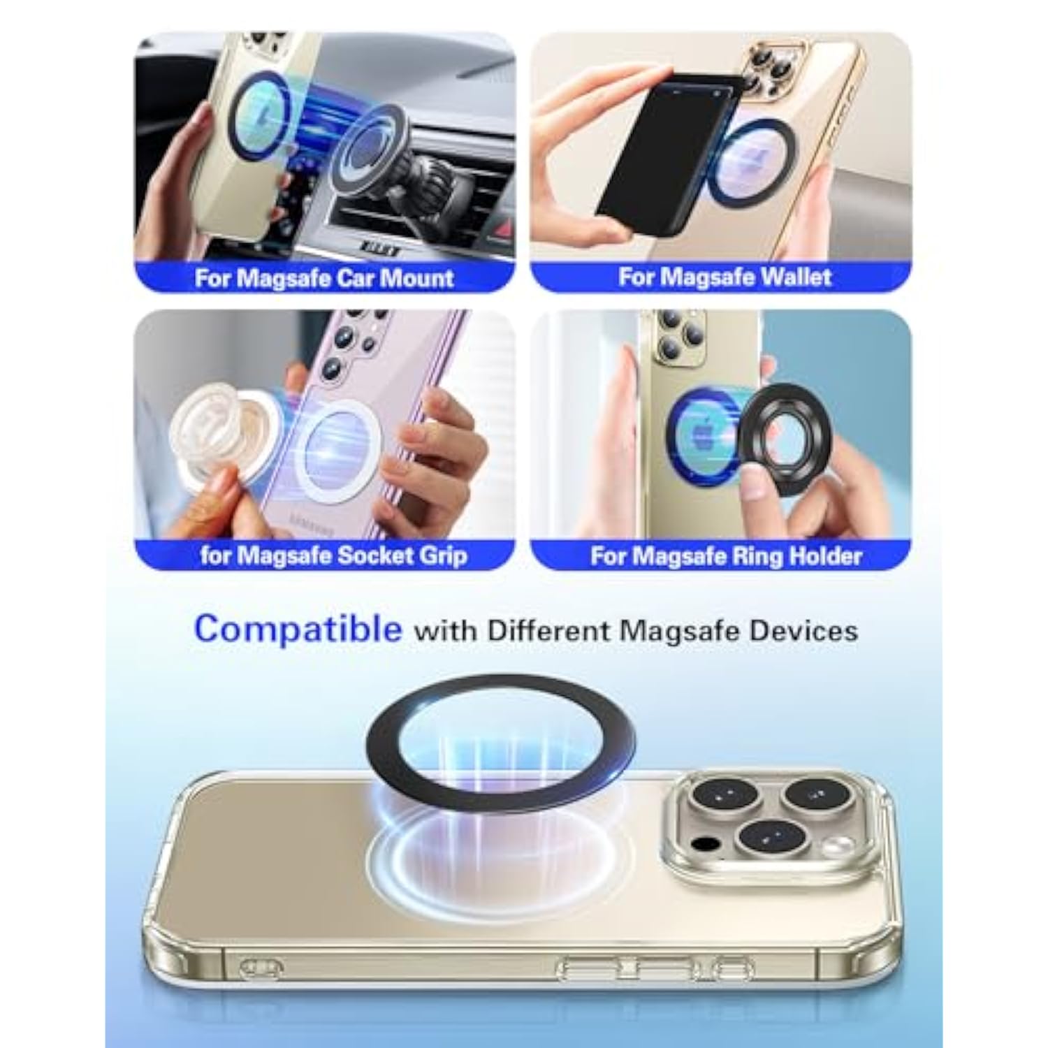 4Pcs Metal Ring For Magsafe Sticker: Ultra-Thin(0.3Mm) Mag Safe Adapter For Magnetic Pop Socket Phone Grip Wallet Car Mount, Universal 3M Adhesive Mag-Safe Ring Kit(No Magnet) For Iphone Samsung Case