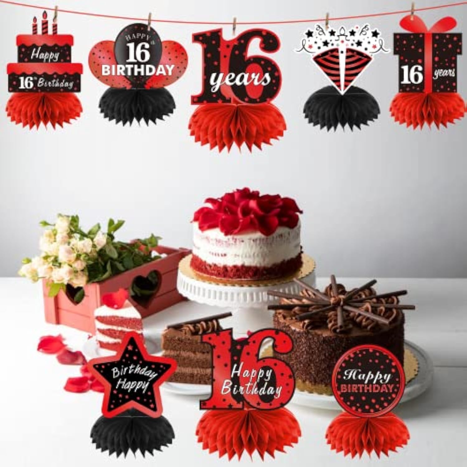 Red Black 16Th Birthday Decorations Table Honeycomb Centerpieces, 8Pcs