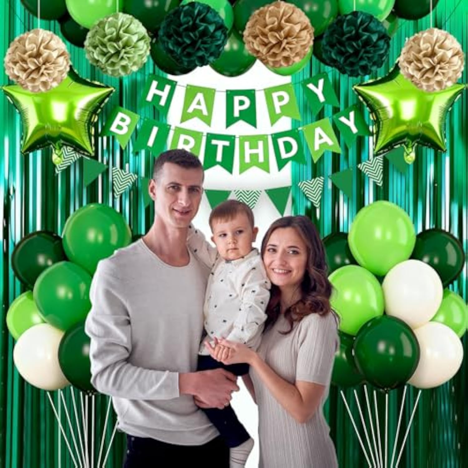Green Birthday Party Decorations, Happy Birthday Banner, Fringe Curtain, Star-Shaped Foil Confetti Balloons, Man Boy 13Th 16Th 18Th 20Th 30Th 40Th 50Th 60Th Birthday Decorations (Green)
