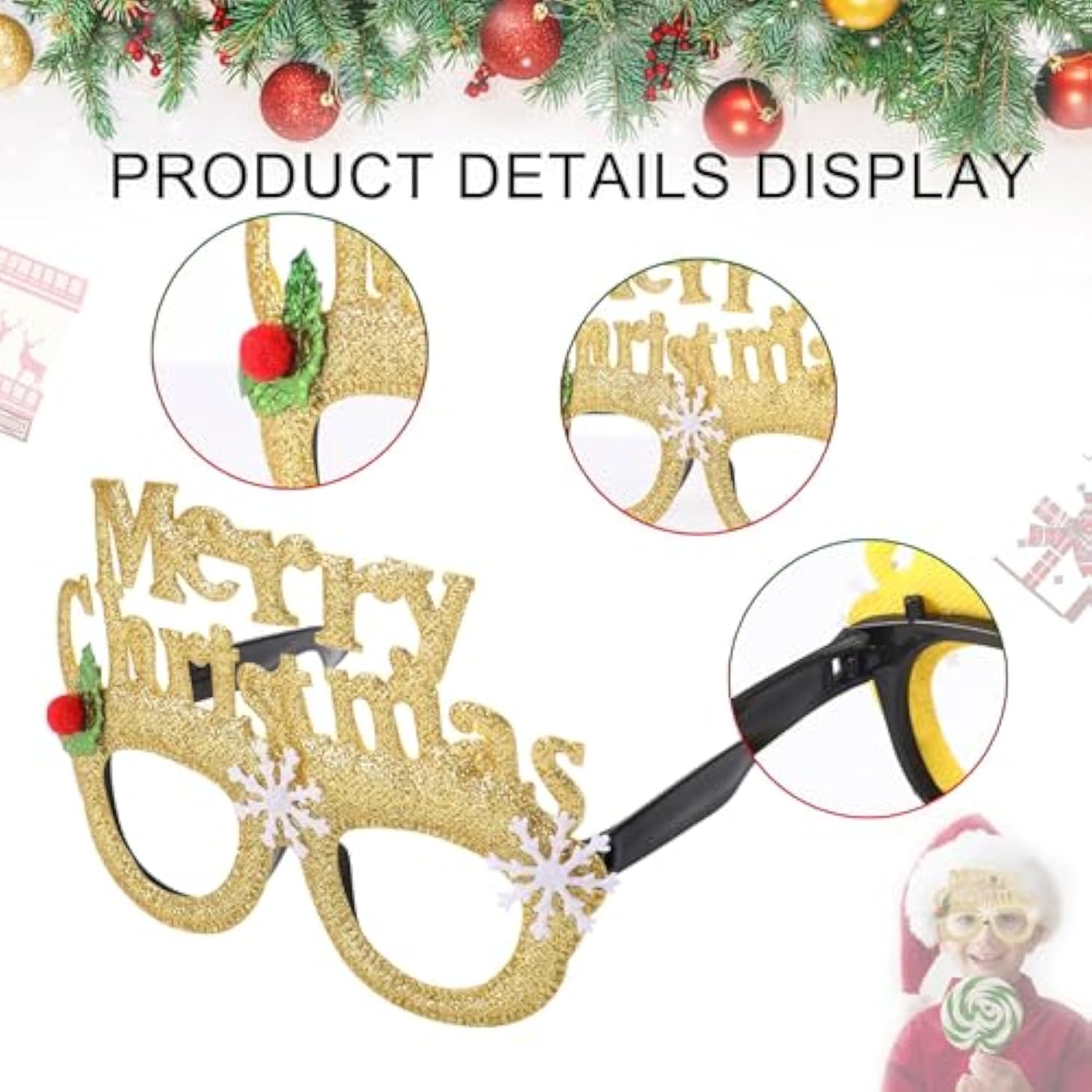 Christmas Photo Booth Props And Glasses - 6 Pcs Glitter Frames For Winter Xmas Holiday Activities, New Year Party Favors, Supplies, Games - One Size Fits All