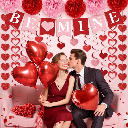 Valentines Day Decorations, Valentines Banner, Love Heart Garlands, Hanging Swirls, Red Heart Balloons and Rose Petals for Valentines Wedding Engagement Anniversary Romantic Party