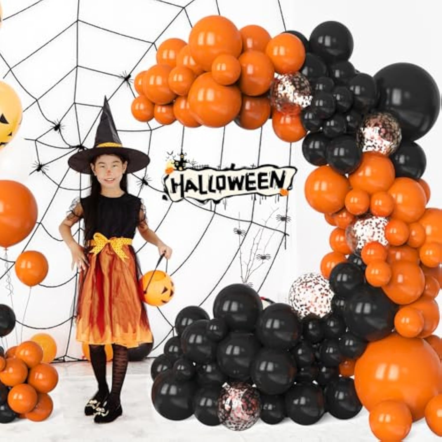 130Pcs Orange Black Balloon Arch Kit with Rose Gold Confetti for Halloween Party Decorations