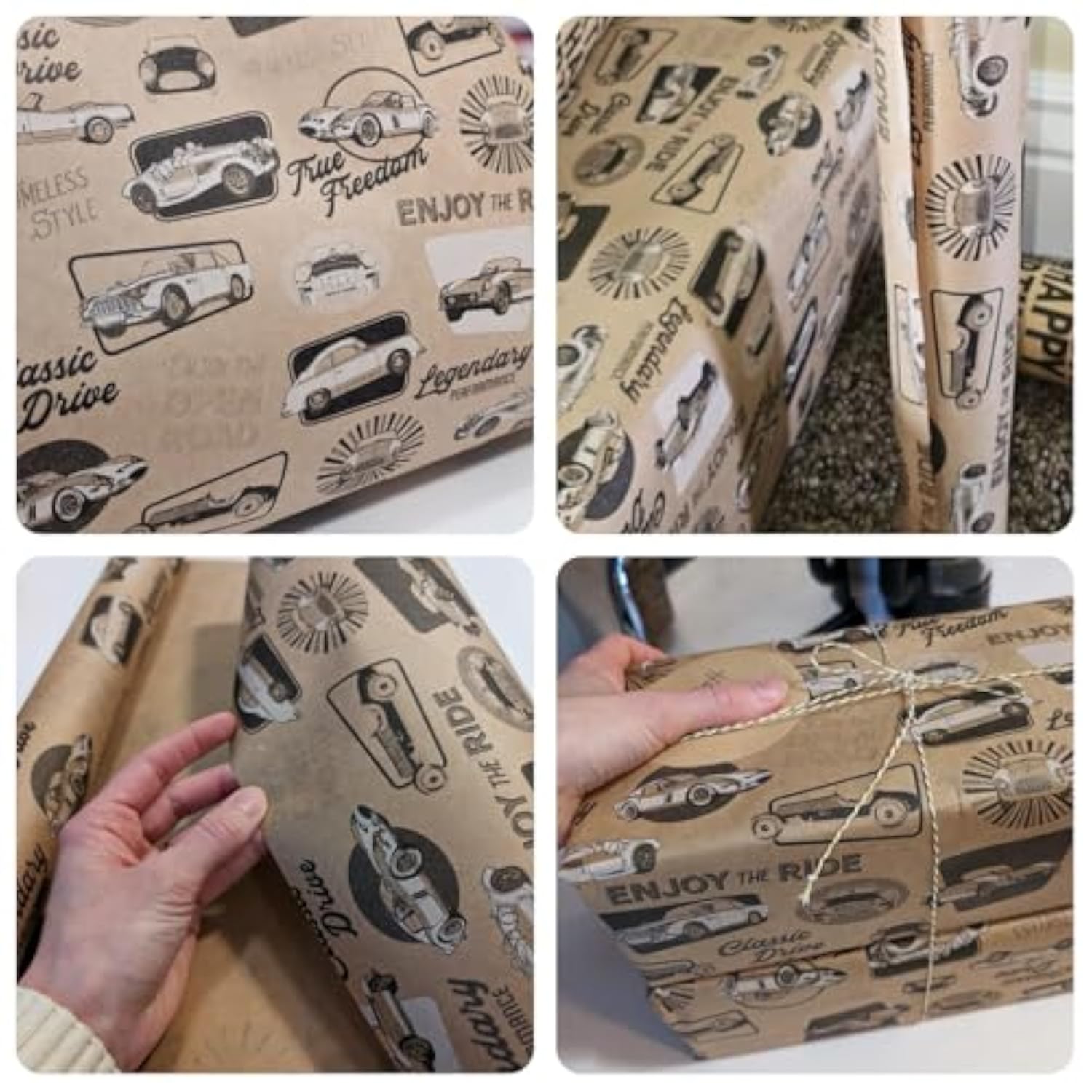 Kraft Birthday Wrapping Paper Roll - 17 Inches X 33 Feet - For Boys Girls Kids Retro Classic Racing Sports Car Pattern Great For Birthday, Party, Anniversary