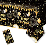 Black Gold Happy New Year Tablecloth 108x54in Disposable Party Decor