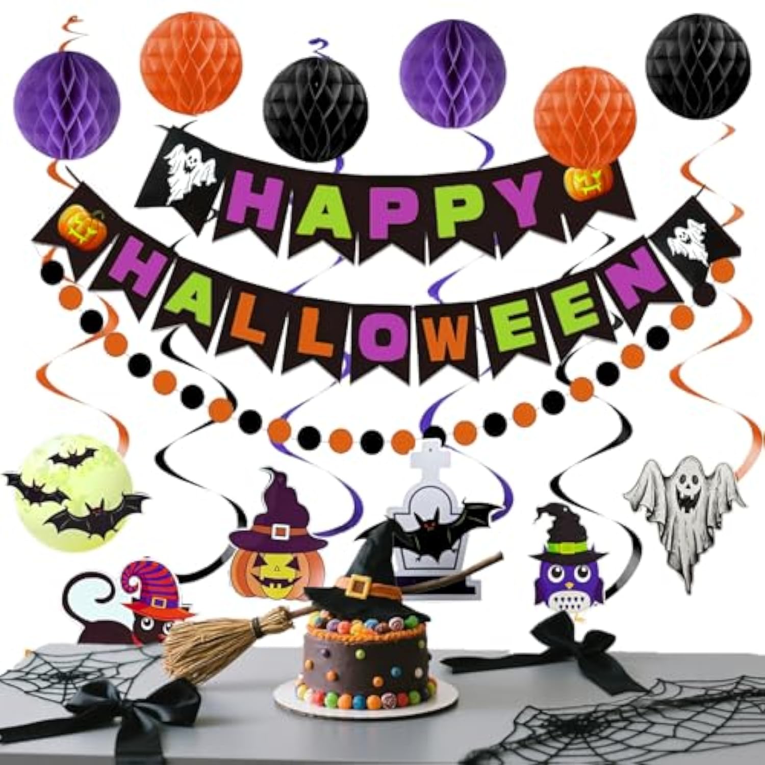 Happy Halloween Banner Orange Purple Black Honeycomb Ball Garland Party Decor