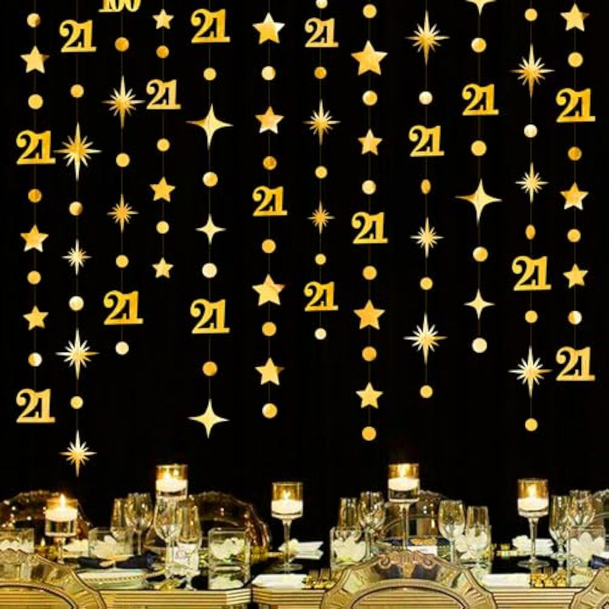 Gold 21St Birthday Decorations Number 21 Circle Dot Twinkle Star Garland Metallic Hanging Streamer Banner Backdrop For Girls Boys Cheers To 21 Years Finally Legal Bday 21St Anniversary Party Supplies