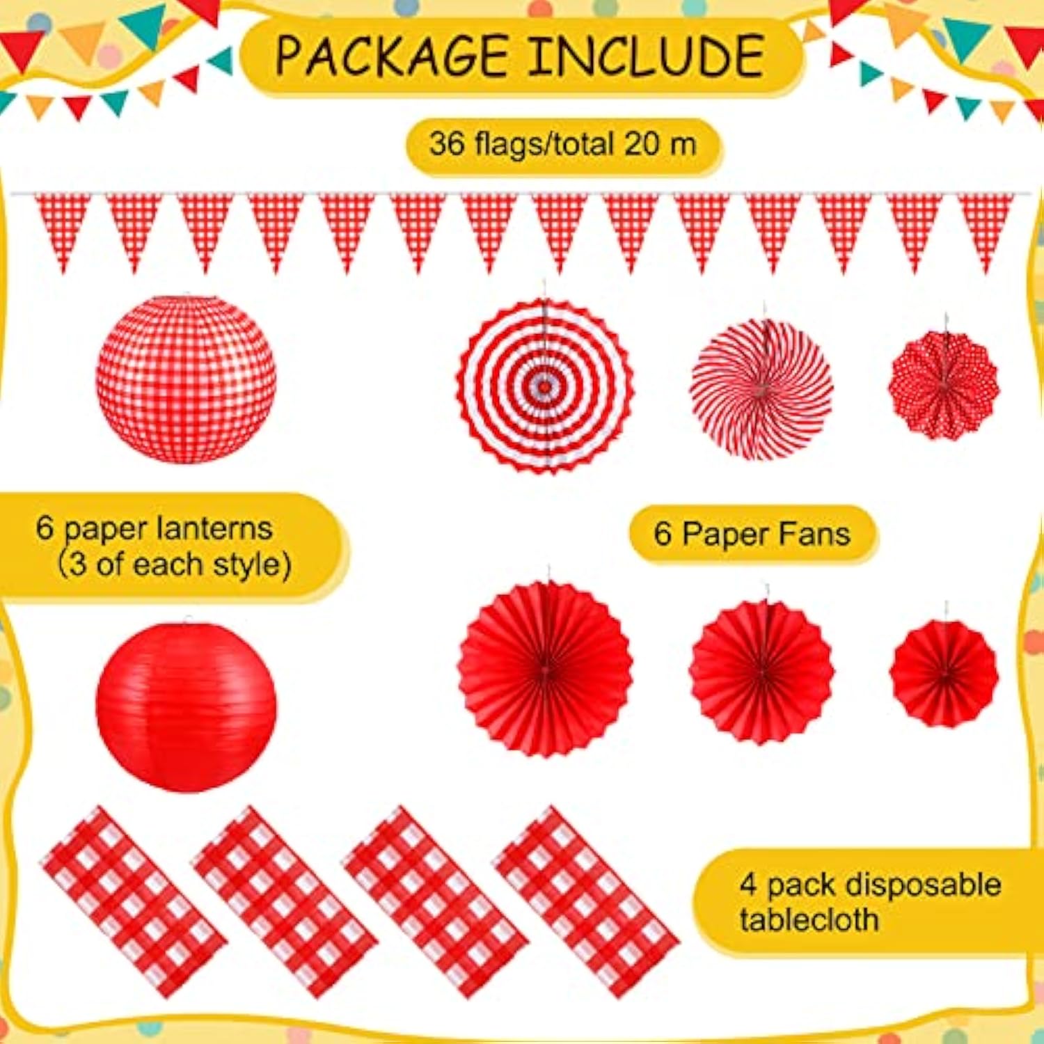 18pc Red Picnic Party Décor Set – Banner, Fans, Lanterns & Tablecloth for BBQ Events