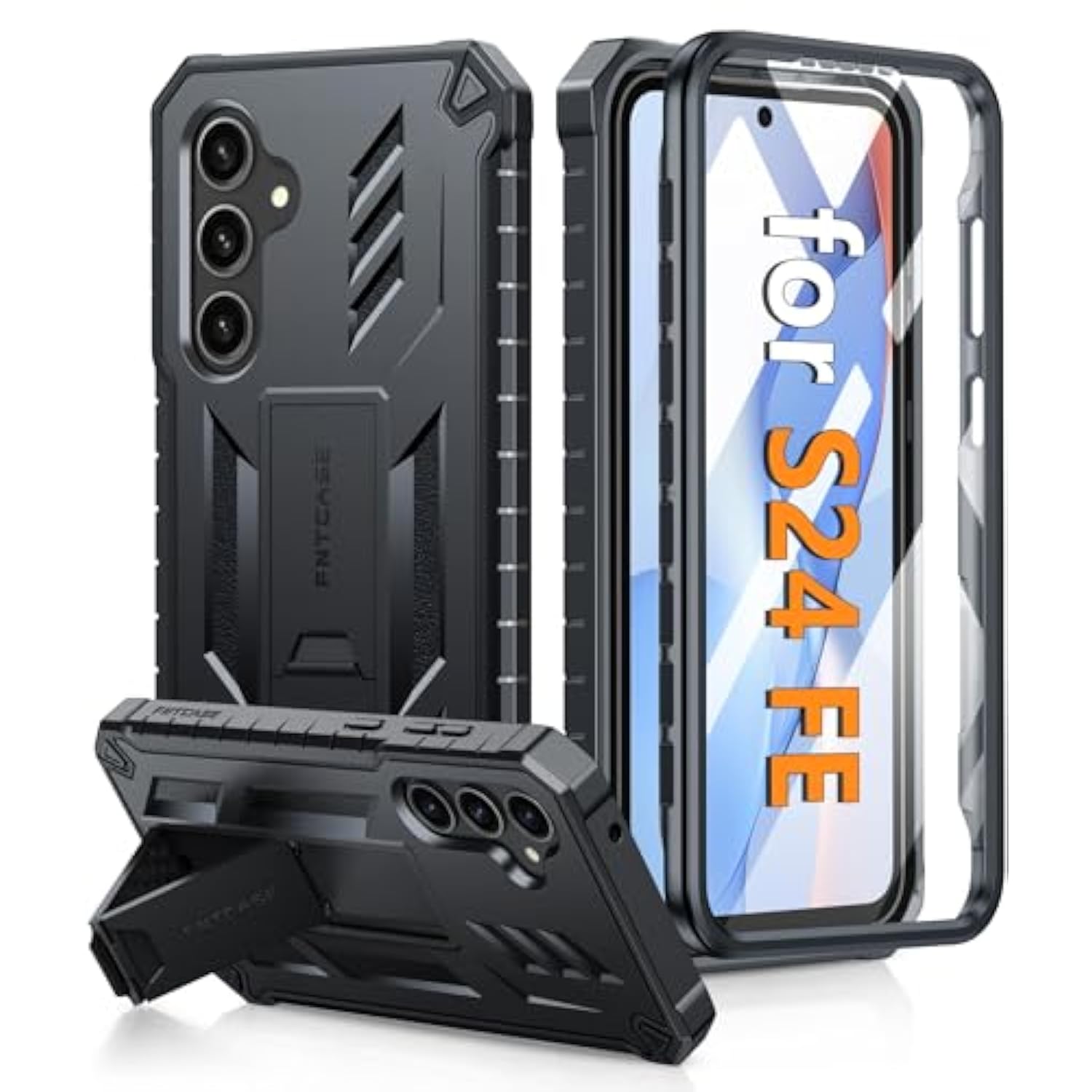 For Samsung Galaxy S24-Fe Case: Military Grade Drop Proof Protection Mobile Cover With Kickstand | Matte Textured Rugged Shockproof Tpu | Protective Sturdy Phone Case Black