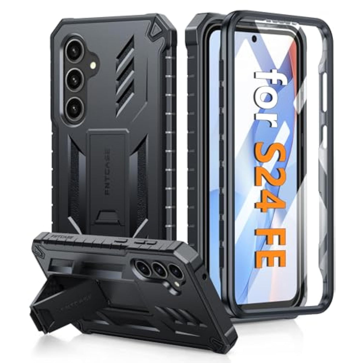 For Samsung Galaxy S24-Fe Case: Military Grade Drop Proof Protection Mobile Cover With Kickstand | Matte Textured Rugged Shockproof Tpu | Protective Sturdy Phone Case Black