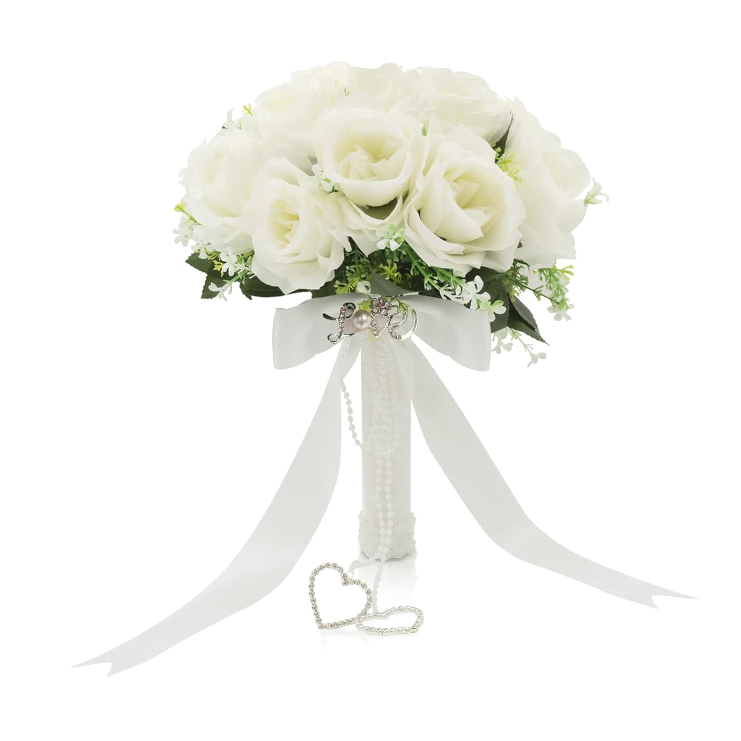 Wedding Bouquets For Bride, White Bridal Bridesmaid Wedding Flowers With Silk Ribbon And Rhinestones, Artificial Toss Rose For Civil Ceremony