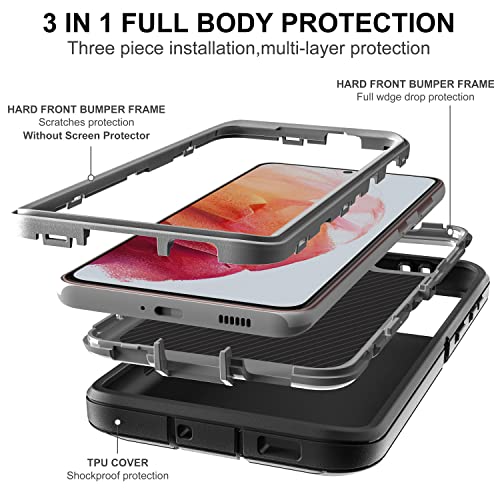 For Galaxy S21 Case, S21 Case With Self Healing Flexible Tpu Screen Protector [2 Pack], 3 In 1 Heavy Duty Protection Case For Galaxy S21 5G (Black/Grey)