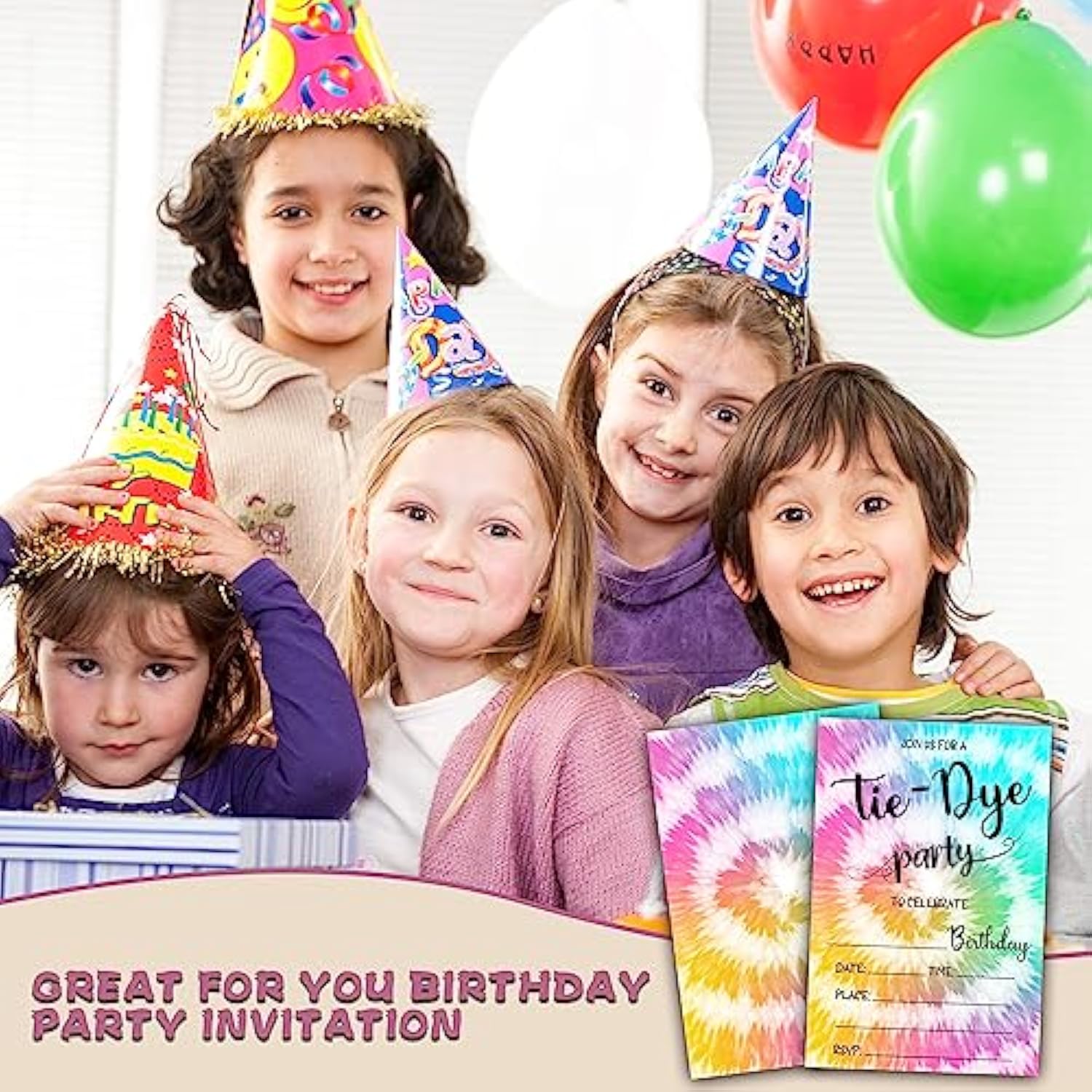 Tie Dye Birthday Invitations For Kids Girls Boys, Tie Dye Birthday Party Invitation Cards, Birthday Party Decor Supplies - 20 Fill In Invitations With Envelopes (D04)