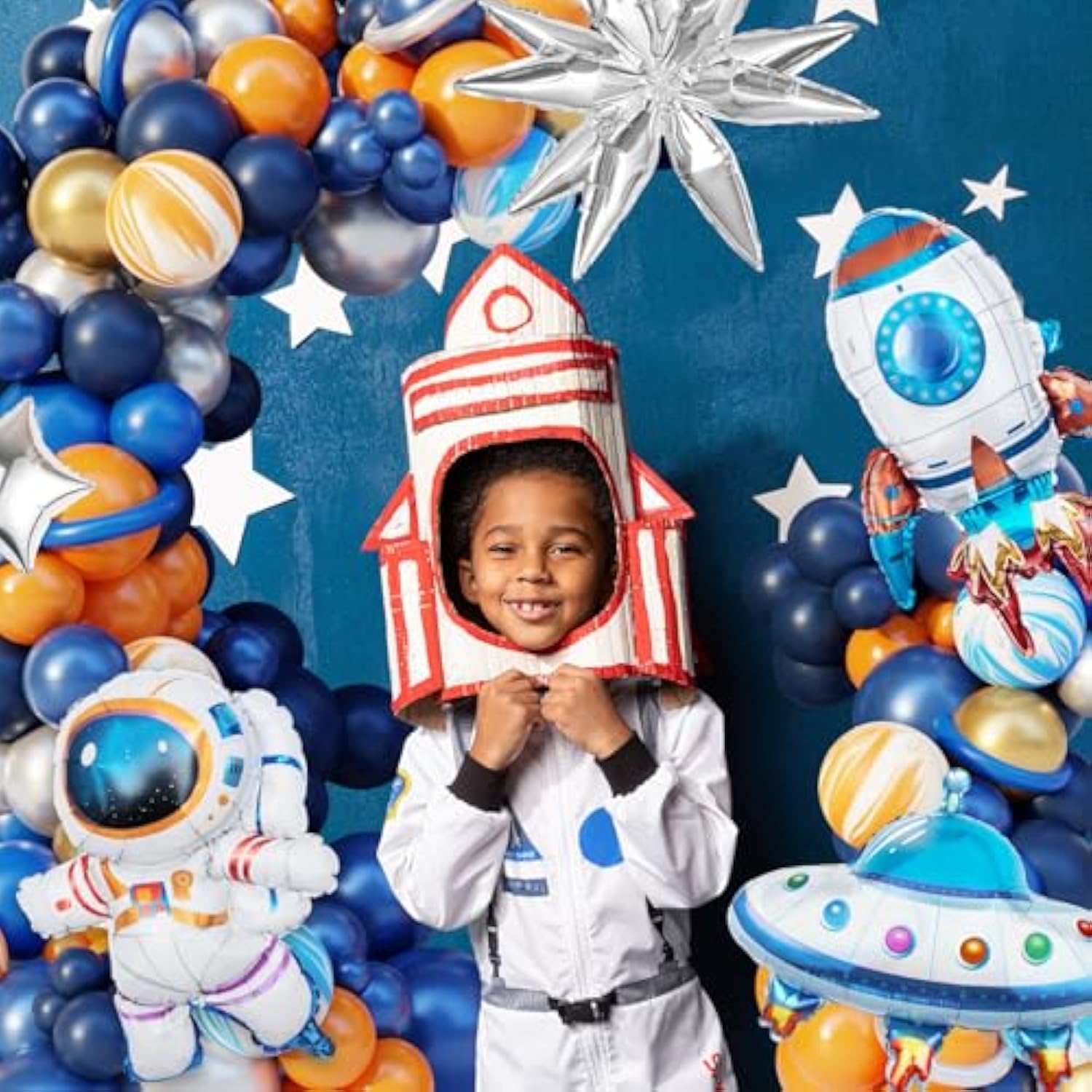 139Pcs Outer Space Party Decorations Balloon Garland Kit, Space Birthday Party Supplies Ufo Astronaut Themed Navy Blue Silver Foil Latex Balloons For Boys Kids
