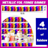 4 Pack 10 Ft Rainbow Foil Fringe Garland Metallic Streamers Tinsel Banner Wall Hanging Garland Backdrop For Parade Floats, Halloween, Christmas, Thanksgiving, New Year Party Decorations