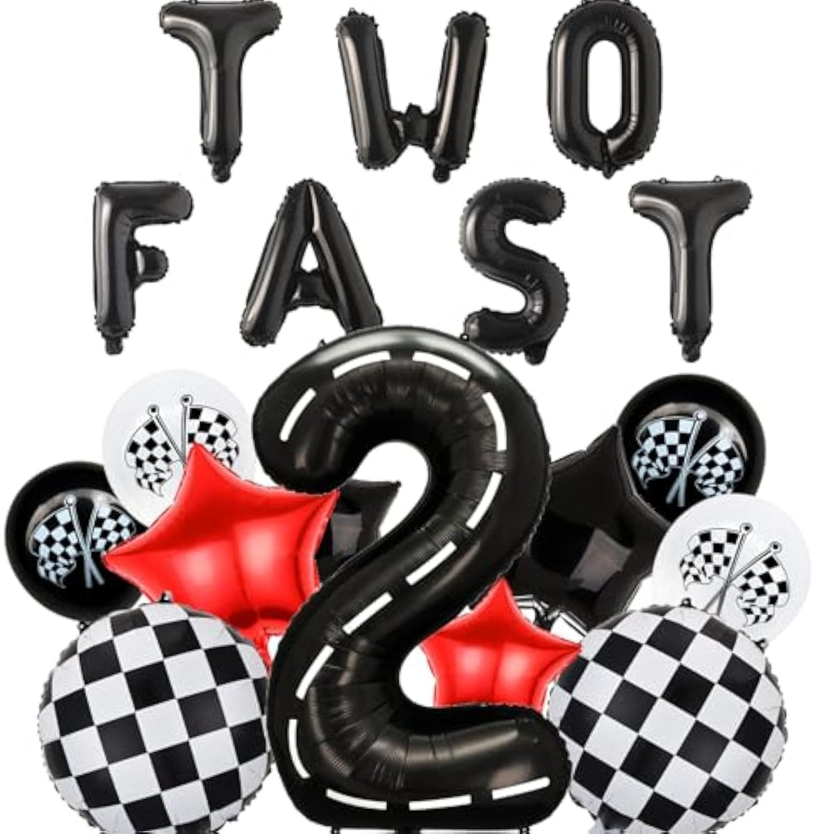 18pcs Race Car 2nd Birthday Balloons, "Two Fast" Banner & Racetrack Number 2