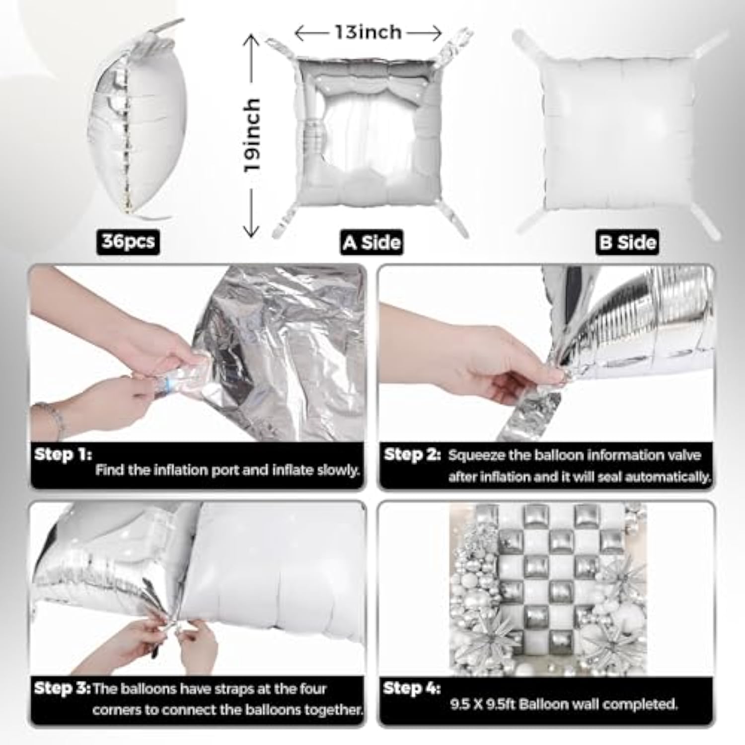 36Pcs White And Silver Square Foil Balloons Wall Backdrop With 147Pcs Balloon Garland Arch Kit, Double Sided Balloons For Bachelorette Wedding Birthday Engagement Anniversary Party Decorations