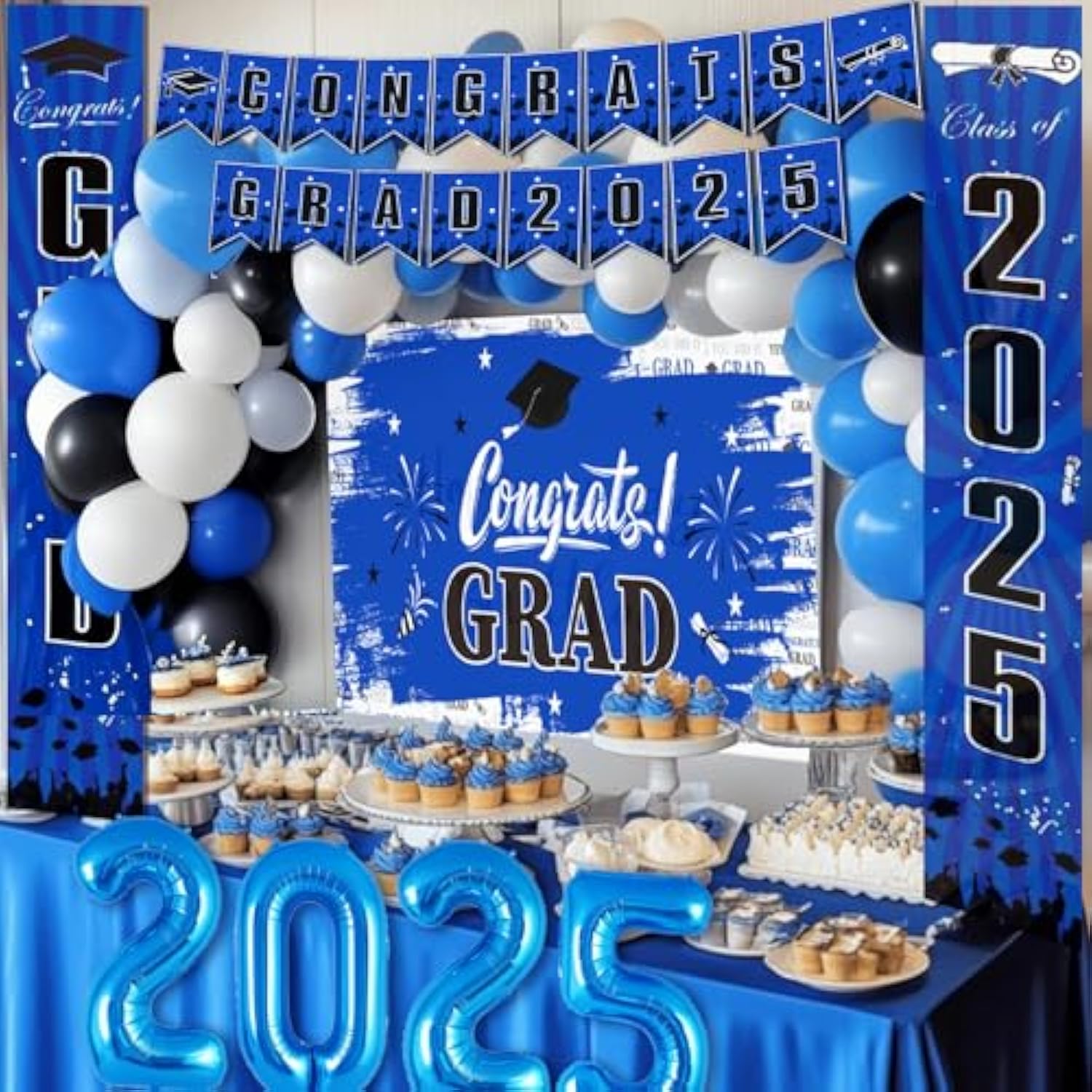 Blue Graduation Decorations 2025, Grad Party Decorations, Class Of 2025 Backdrop, Banner, Balloons And Porch Sign For High School & College Celebrations