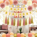Birthday Decorations For Women Girls Kit - Boho Pink Happy Birthday Banner With Tissue Flower Pom, 12 Inch Balloons,Tassel Garland,Hanging Swirls Streamers For Boho Neutral Retro Themed Party Decor