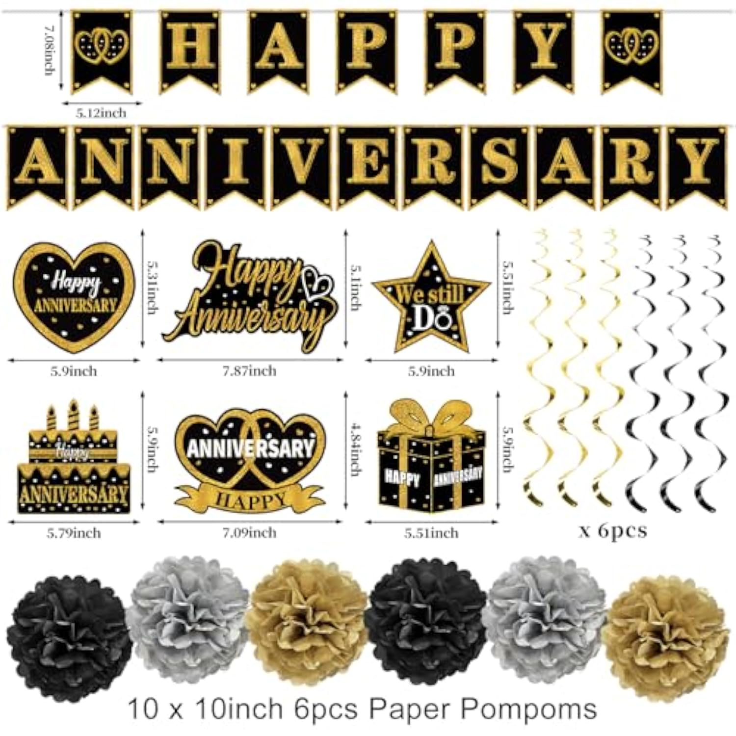 Happy Anniversary Decorations Kit - Black Gold Wedding Party Supplies - Large Banner, Backdrop, Table Centerpieces, Hanging Swirl, Paper Pompoms Decors