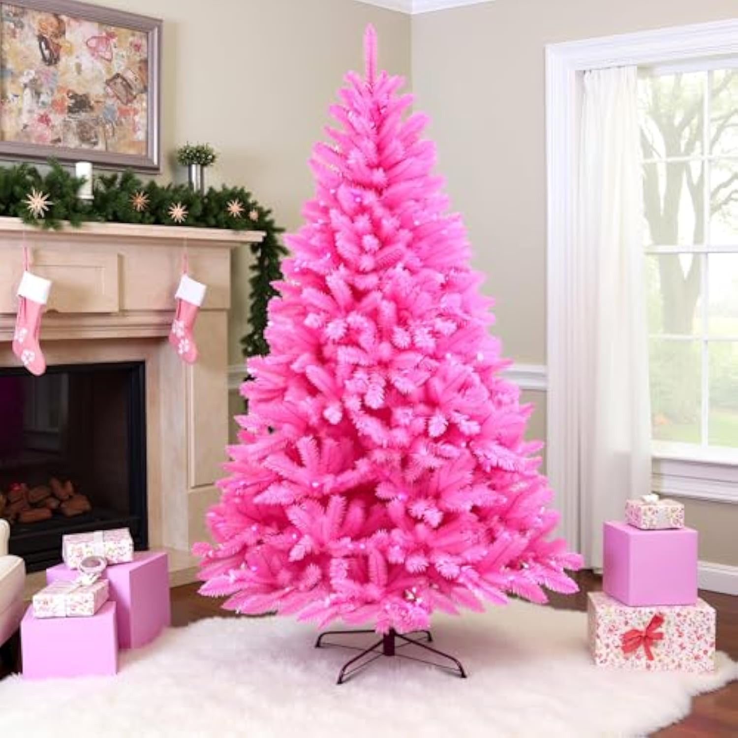 6.5Ft Pre-Lit Artificial Pink Christmas Tree With 300 Led Pink Ul Listed String Lights