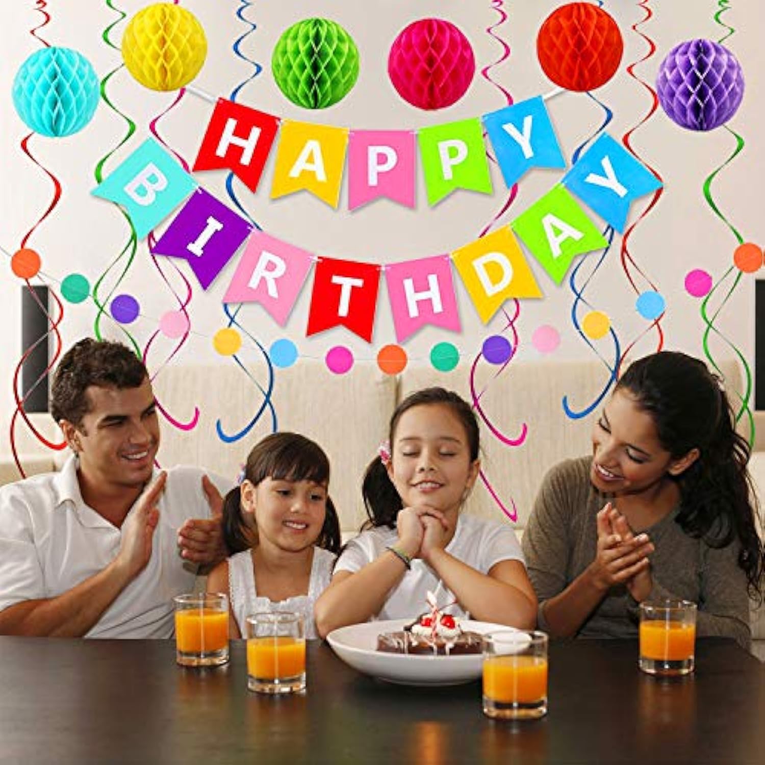 Happy Birthday Banner, Rainbow Birthday Banner, 6 Honeycomb Balls, 8 Metallic Hanging Swirls And Circle Parper Garland, Happy Birthday Decorations