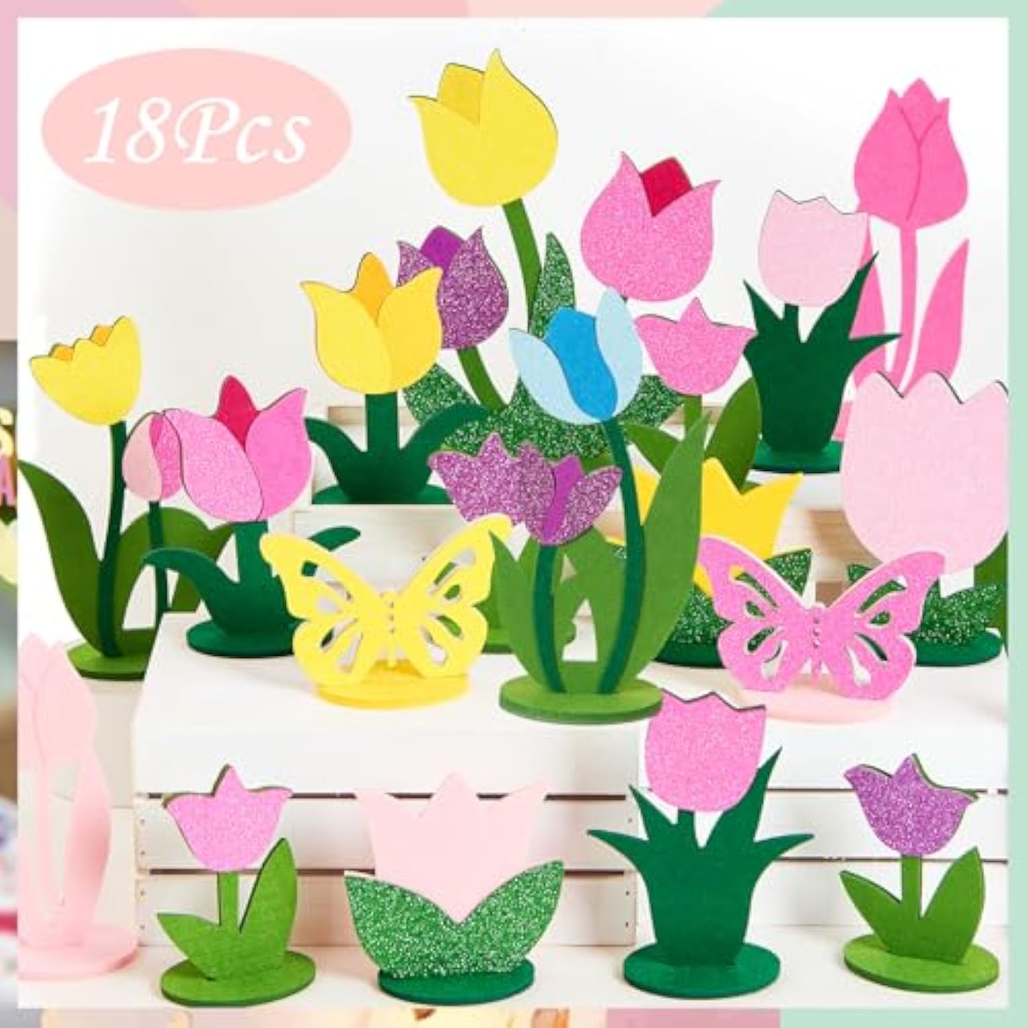 18 Pcs Tulip Felt Table Decorations Butterfly Felt Table Centerpieces Flowers Tulip Centerpieces For Spring Decoration For Home Office Mother'S Day Decorations