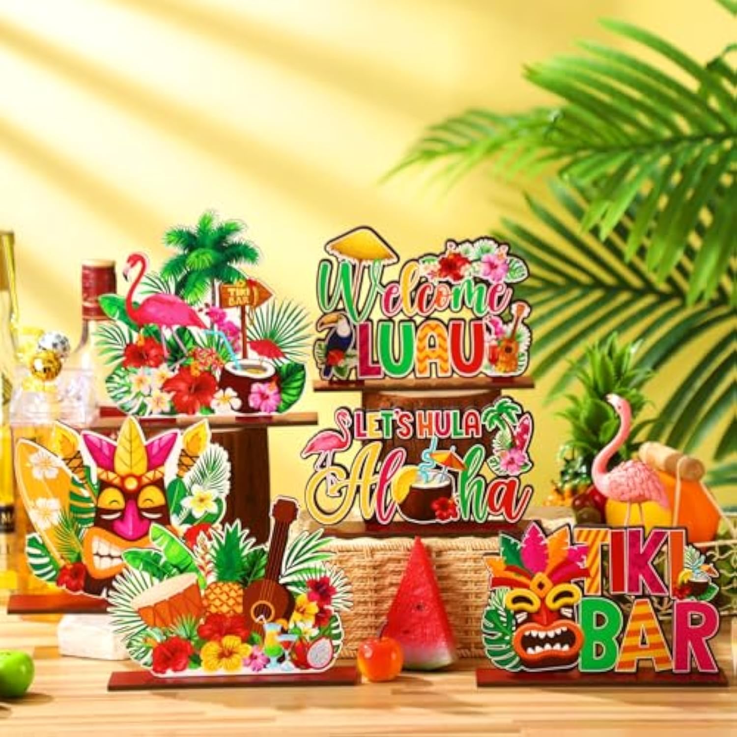 6 Pcs Luau Party Signs Tiki Table Decoration Hawaiian Decor Wooden Aloha Luau Decorations Tropical Hawaii Decor For Housewarming Tiki Bar Birthday Welcome Baby Shower Party Supplies