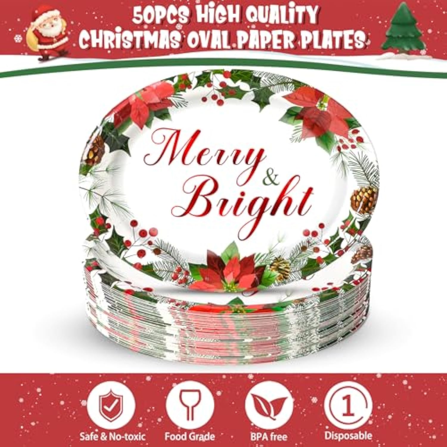 50 Count Christmas Paper Plates Oval Paper Plates 10" X 12" Disposable Merry & Bright Floral Dinner Paper Plates For Xmas Wedding Birthday Candy Cookie Christmas Party Supplies