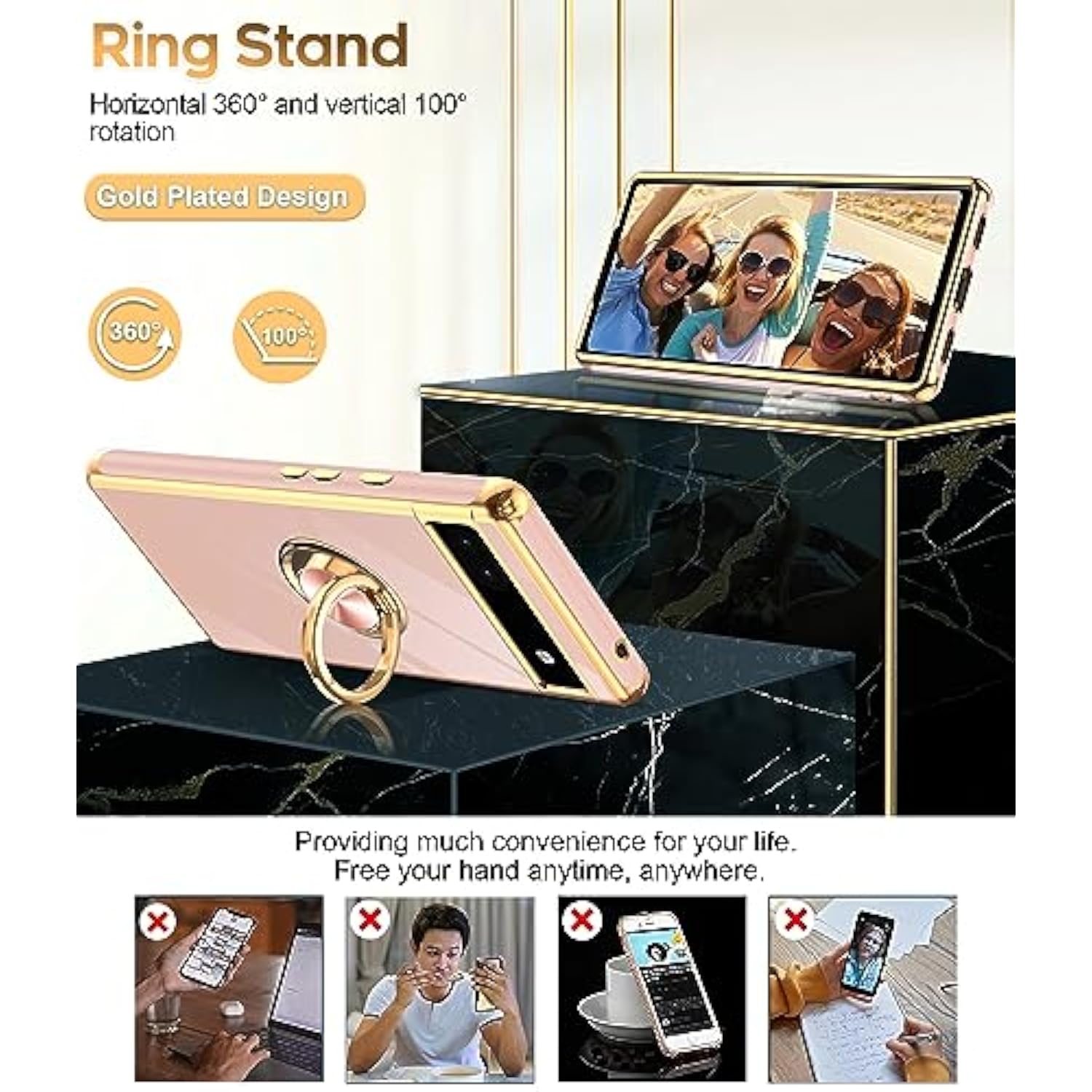 For Pixel 6A Case: With Tempered Glass Screen Protector [2 Pack] 360° Rotatable Ring Holder Magnetic Kickstand, Plating Rose Gold Edge For Google Pixel 6A Case, Pink