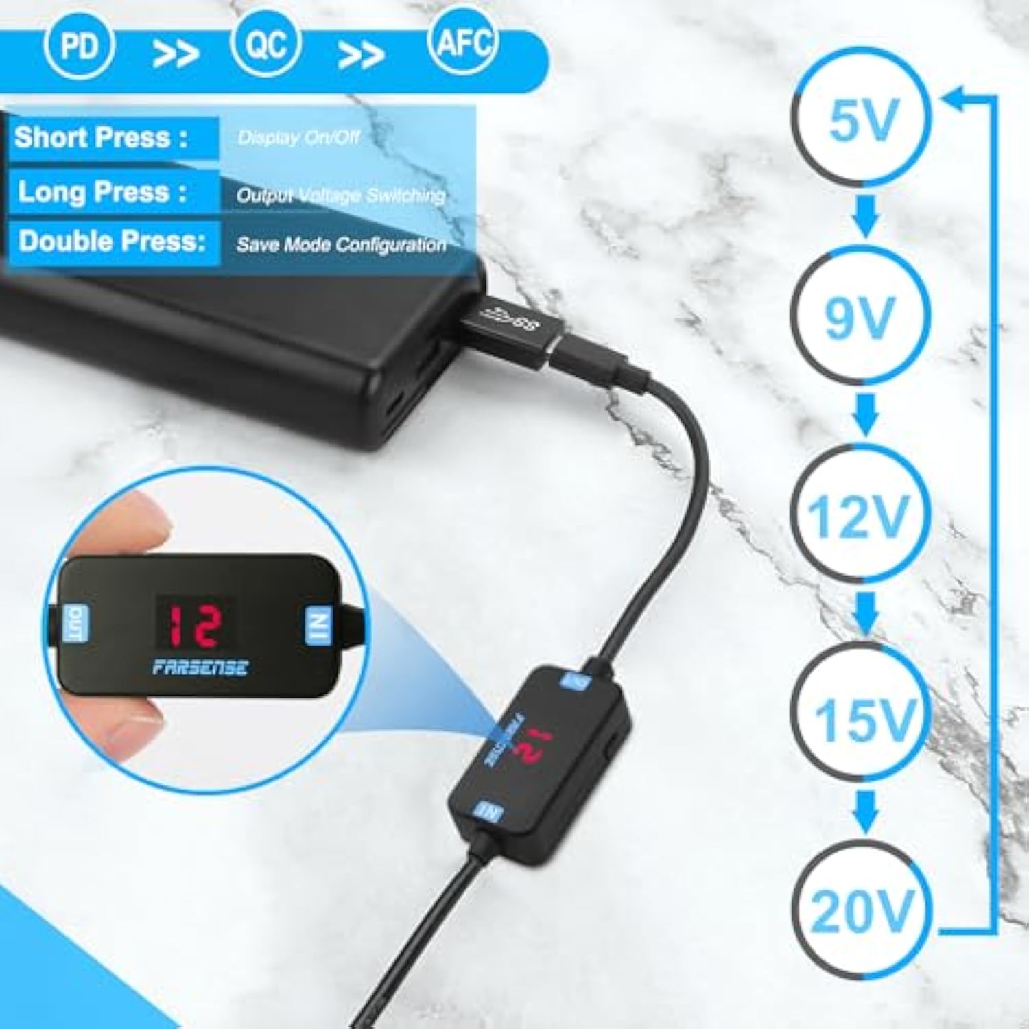Usb C To Dc Adapter,Barrel Pd Trigger Cable(3.3Ft) With 10 Connector Tips,Usb To Dc Power Cable Can Switch Voltage By Pressing The Key,Support Led Display Voltage