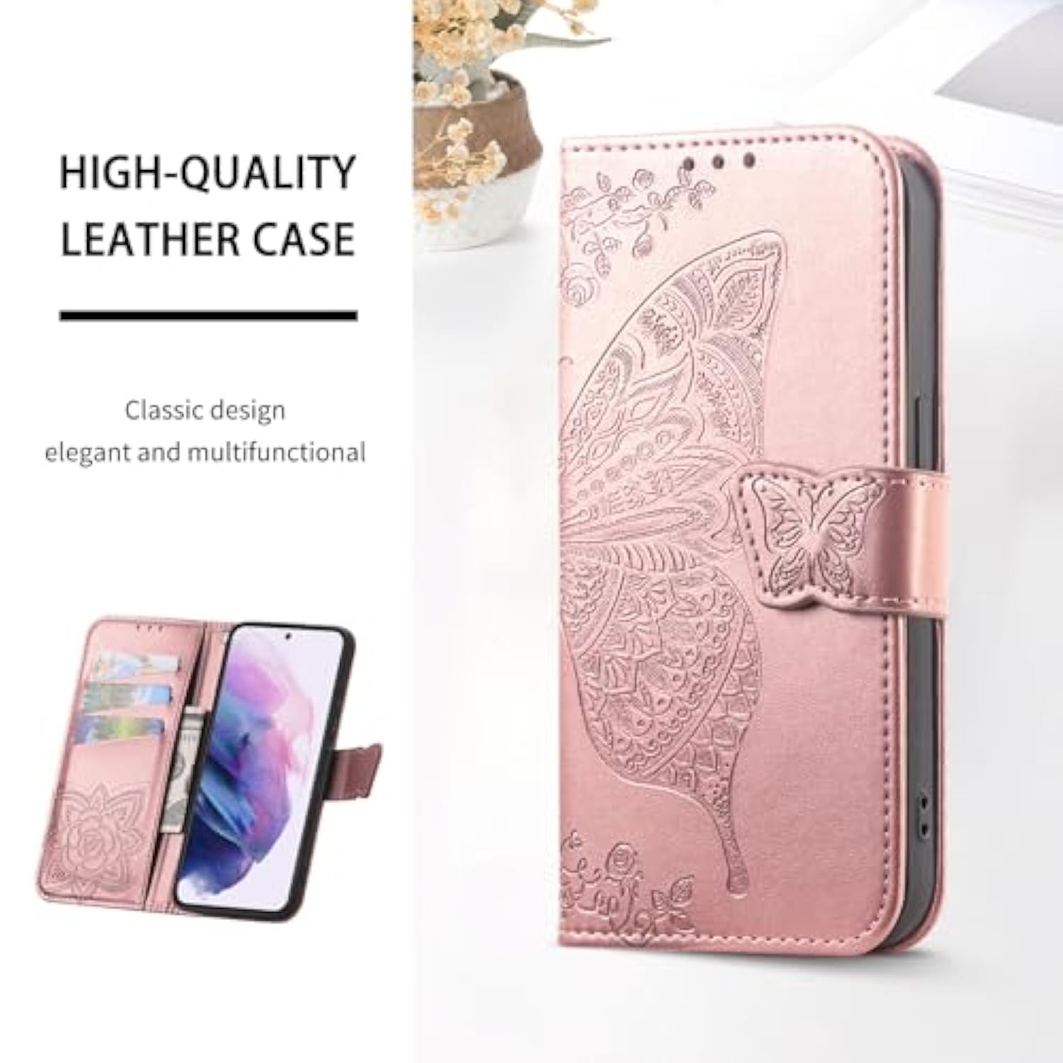 Galaxy S22 5G Wallet Case, [Butterfly & Flower Embossed] Pu Leather Wallet Case Flip Protective Phone Cover With Card Slots And Kickstand For Samsung Galaxy S22 6.1-Inch (Rose Gold)