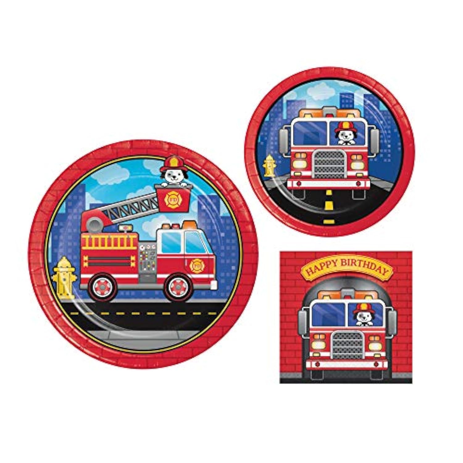 Fire Truck Birthday Party Supplies For 8 People | Bundle Includes Paper Plates And Napkins | Flaming Fire Truck Design