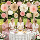 14 Pcs Champagne Pink & Brown Party Decorations, Boho Paper Lanterns
