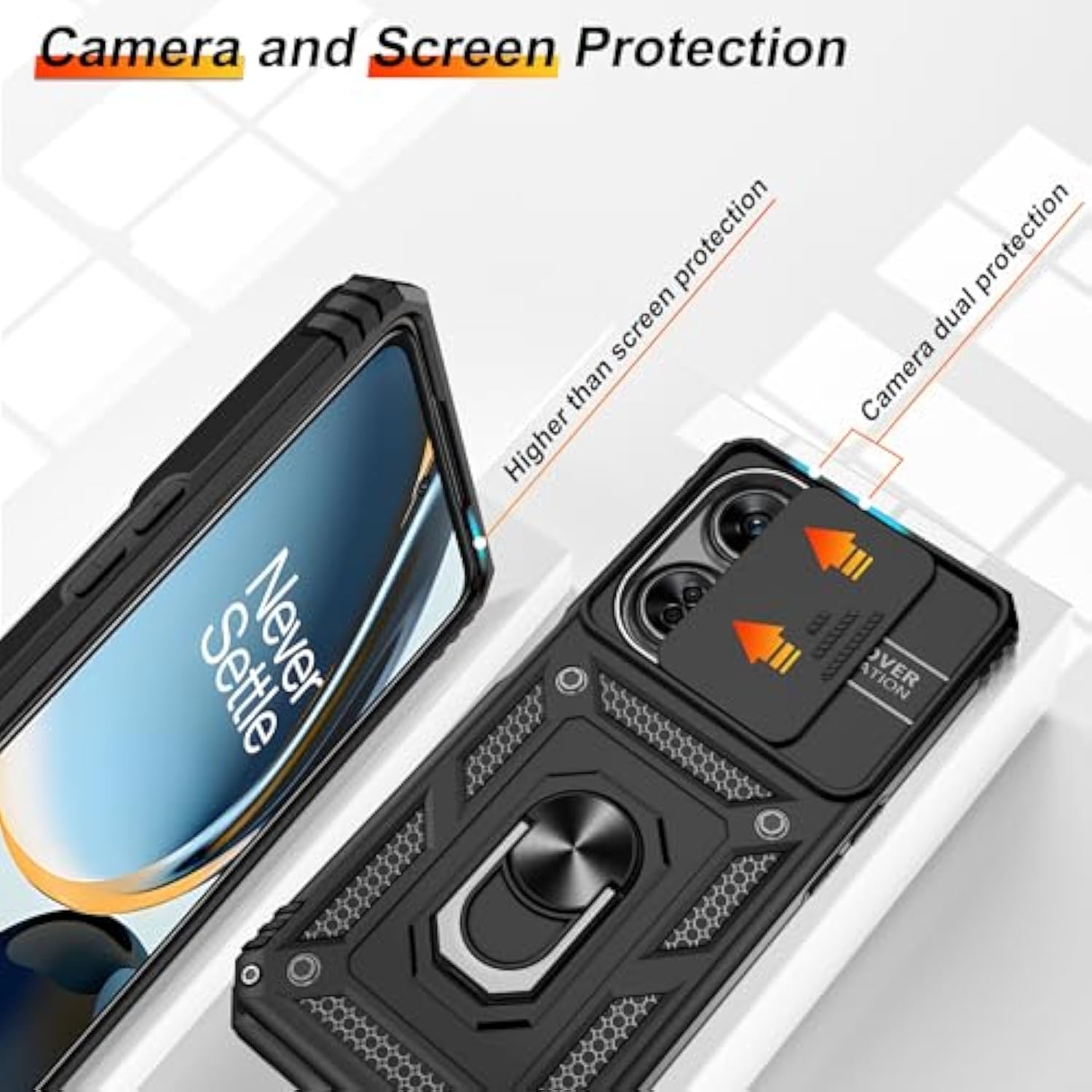 Fit For Oneplus Nord N30 5G Case With Slide Camera Cover & Screen Protector (2 Pack), Build In 360° Rotating Ring Kickstand [Military Grade] Protective Case For Nord N30 5G Case, Black